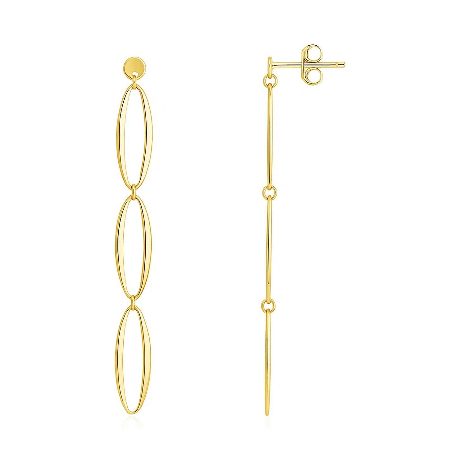 14K Yellow Gold Triple Oval Fancy Drop Earrings in a sleek high-contrast midnight luxury editorial style